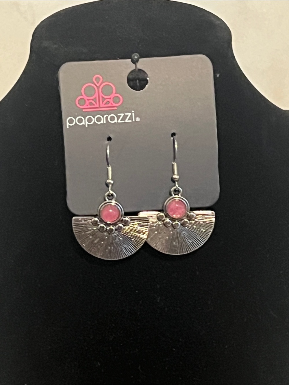 Paparazzi Silver Fan Earrings with Pink Stone Accent